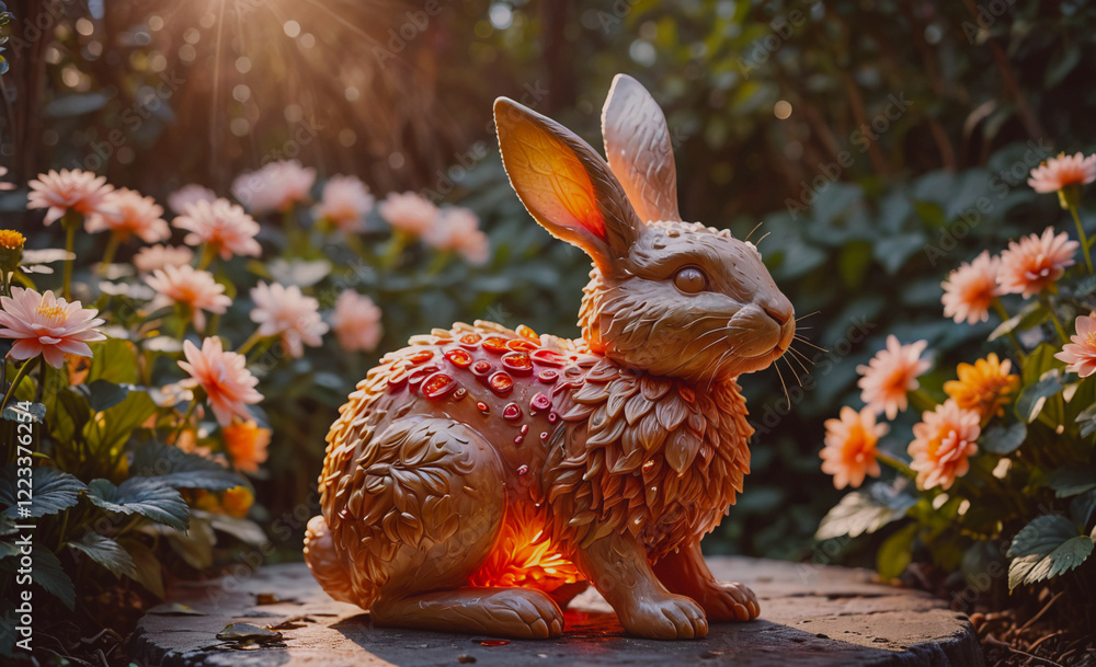 Poster a rabbit statue is sitting on a stone slab in a garden. the statue is made of wood and has a gold co
