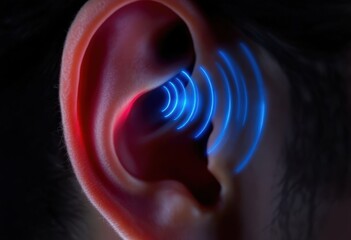 Obraz premium Close-up of human ear with sound waves. Hearing concept for health, technology, music, and science education. Use for awareness campaigns, presentations, and medical brochures.