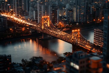 Fototapeta premium Vibrant Night Bridge Scene, illuminated cityscape showcasing architectural beauty, dynamic colors, and intricate details from an elevated perspective