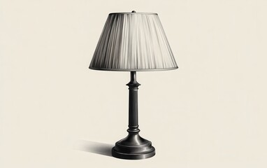 Obraz premium A monochrome vector illustration of a vintage-style table lamp with a fabric lampshade and a wooden, carved base