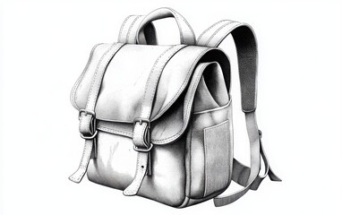 Naklejka premium A monochrome vector illustration of a vintage-style backpack with leather straps, large buckles, and an exterior flap