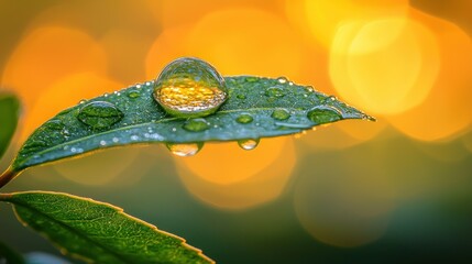 Dewdrop on leaf, sunset bokeh, garden, nature