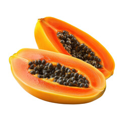 Ripe papaya fruit half with orange flesh and black seeds on Transparent background, Ripe papaya fruit isolated on PNG background