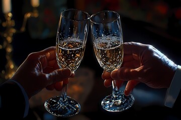 Obraz premium Two Hands Raise Sparkling Wine Glasses In Toast