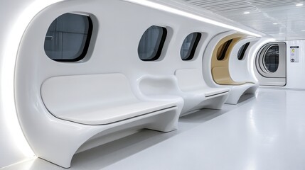 Futuristic Interior Design with Sleek White Seating and Organic Curves in a Modern Space