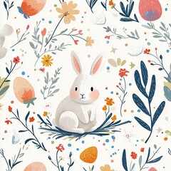 Easter seamless pattern with bunny, flowers, branch and grass