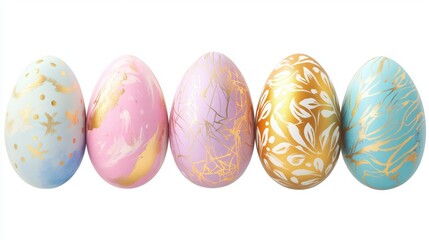 Fototapeta premium Five easter eggs with different colors and gold pattern on white background 