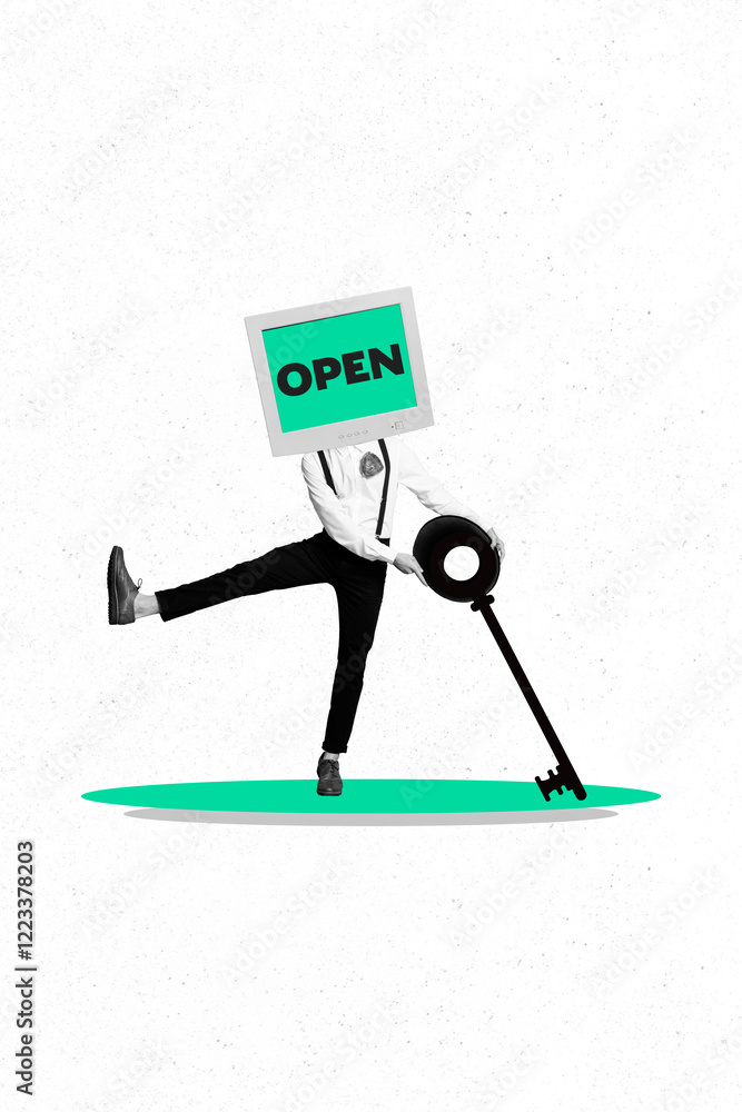 Poster vertical photo collage of headless guy hold key open business startup project development instead he