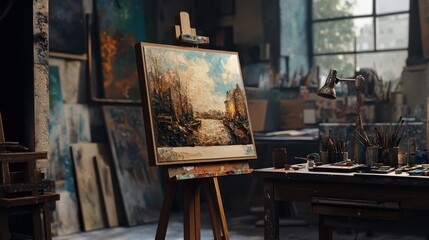 Cozy artist's studio with landscape painting on easel by window