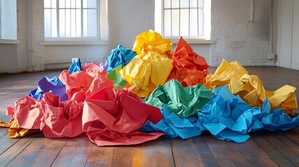 Colorful crampled paper on wooden floor. 