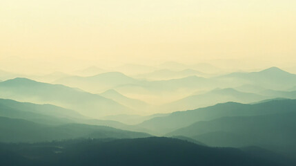 Fototapeta premium hazy landscape, smog, hills, atmospheric, nature, faint, misty, soft light, background, serene, natural environment, tranquil, scenic, layered, horizon, peaceful, outdoor, dreamy, sunrise, muted tones