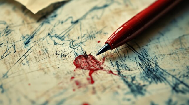 Red pen with ink blot on sketch-doodle covered paper surface