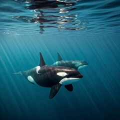 Naklejka premium A playful pod of orcas swimming in crystal-clear turquoise waters, World Whale Day, marine life, family,