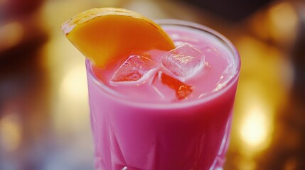 Vibrant pink tropical drink with ice and orange slice garnish