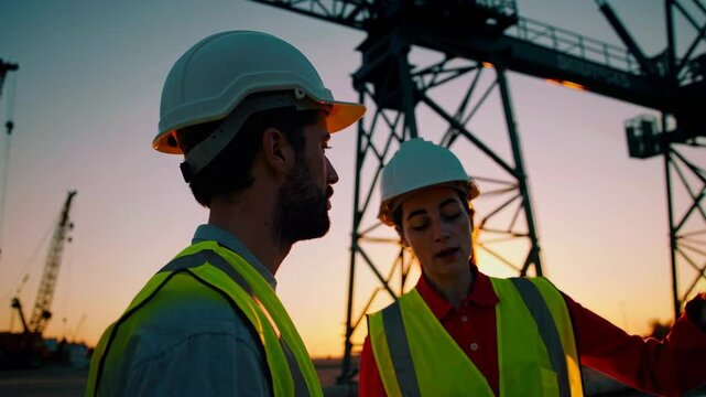 A male and female construction worker are having a conversation, wearing yellow safety vests with white hard hats at an industrial site