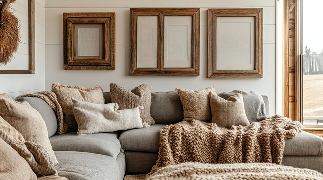 A farmhouse-themed space with repurposed wooden frames decorating the art wall