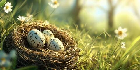 Obraz premium Nest with easter eggs in grass on a sunny spring day .Easter decoration, banner, panorama, background 