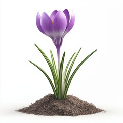 Obraz premium 3D icon cartoon of a single crocus flower emerging from the ground, isolated on a white background 