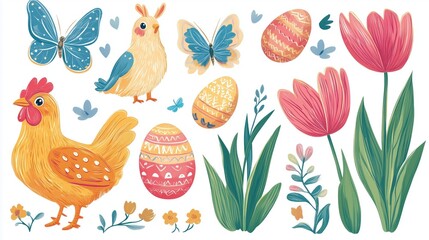 Set of Easter design elements. Eggs, chicken, butterfly, rabbit, tulips