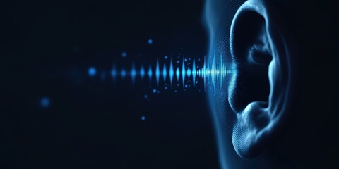 Close-up of human ear with sound waves. Hearing concept for health, technology, music, and science education. Use for awareness campaigns, presentations, and medical brochures.