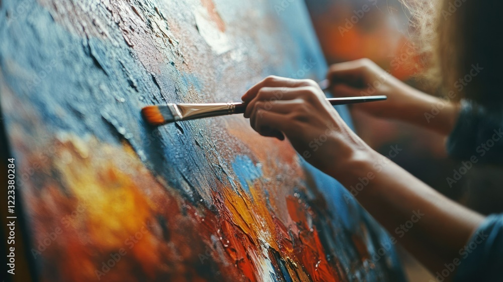 Poster close-up of artistic creation with palette knife and paintbrush on canvas