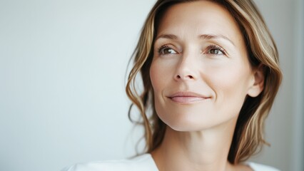 Naklejka premium elegant woman in soft lighting looking confident, ideal for motherhood or lifestyle advertisements with copy space for text