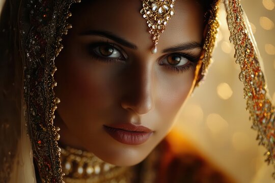 ethereal portrait of a woman in traditional middle eastern attire, illuminated by soft golden light, with intricate henna patterns and jewelry, capturing mysterious allure and cultural grace