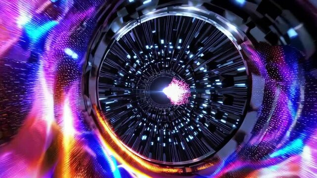 A particle accelerator visualizing subatomic particles colliding in a dramatic light show