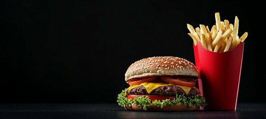 Beef burger and french fries, close-up shot, black background with copy space