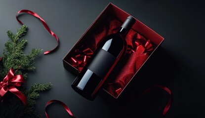 Red wine bottle in a gift box with Christmas decorations.