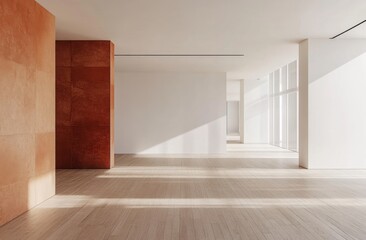 A large empty room with a white wall and a red wall. The room is very empty and has no furniture