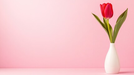 Fototapeta premium Serene Single Red Tulip On A Blush Pink Canvas