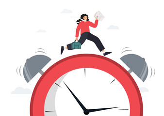 Business woman running late for work, stressed woman rushing to meeting woman with briefcase running against the clock, time management concept? flat vector illustration