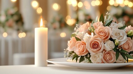 Fototapeta premium A serene arrangement of pink roses beside a lit candle, creating a romantic ambiance for a celebration or special occasion.