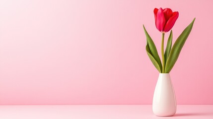 Obraz premium Red Tulip In Modern Vase On Light Pink Background.
