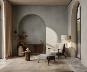 Aesthetic elegant minimalist modern interior design. Clear mock up empty wall for decoration in the apartment. Copy space in the room. 