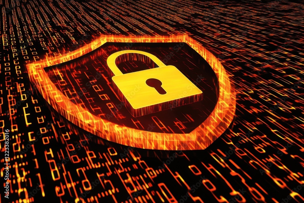 Poster a shield with a padlock icon on a binary code background, symbolizing data security and protection f
