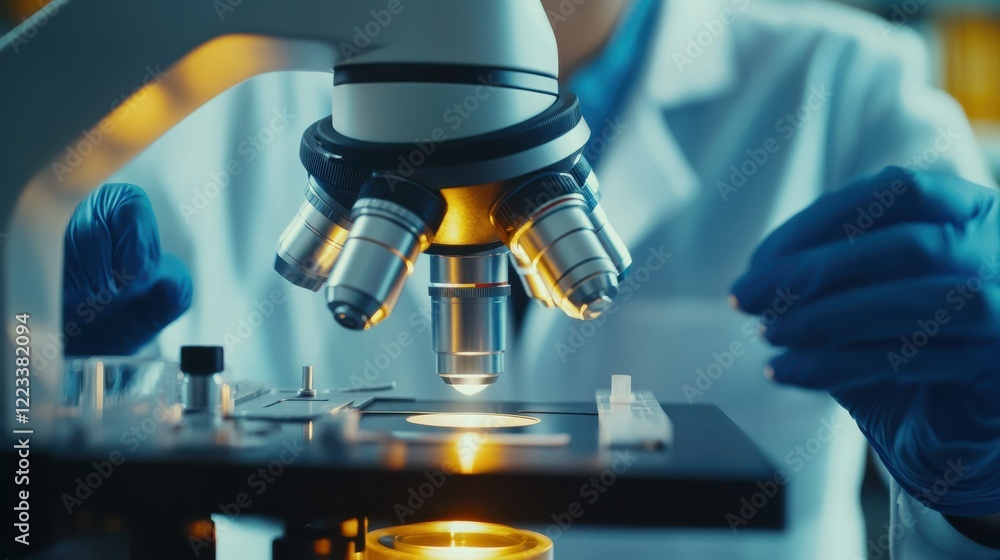 Poster scientist using microscope for laboratory research in close-up view