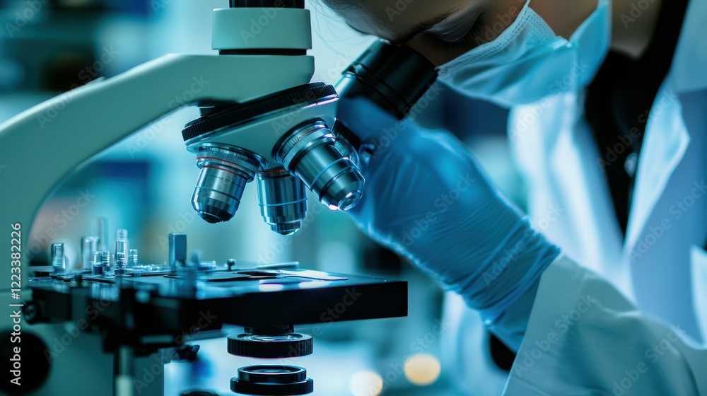 Poster female scientist using microscope in laboratory with precision and focus