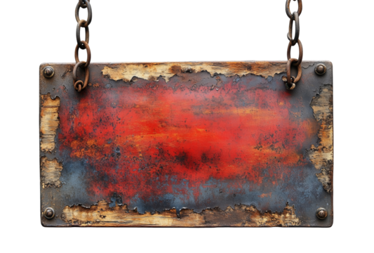 A blank, rectangular sign with a weathered metal surface and wooden backing hangs from chains, isolated on a transparent background.