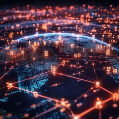 Obraz premium Global network connection, data flow, digital earth, glowing nodes, technology background, website header