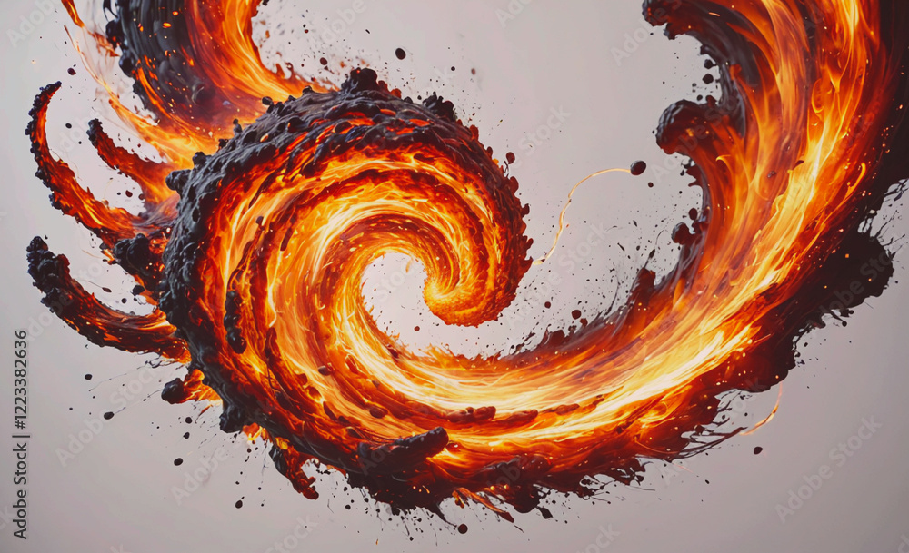 Poster a fiery spiral of lava with a white background. the lava is orange and red, and it looks like it's c