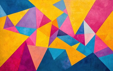 Fototapeta premium A vibrant geometric abstract background with overlapping triangles in bright yellow, magenta, and cyan, creating a bold and playful composition