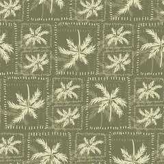 Green geometric tropical palm tree seamless pattern. Hand drawn jungle coconut in the frame. Vector summer vacation beach print. Safari textile design, botanical wallpaper, repeat background, fabric.