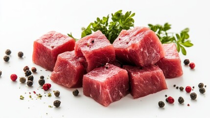Fresh Cubes of Red Meat with Herbs and Spices on White Background