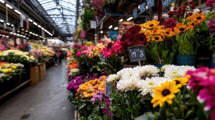 Fototapeta premium Colorful flower market, bustling atmosphere, shoppers, Paris