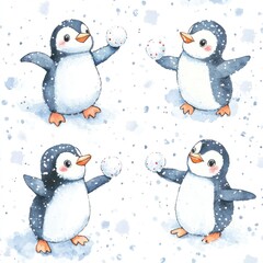 Fototapeta premium Four penguins playing snowballs winter scene