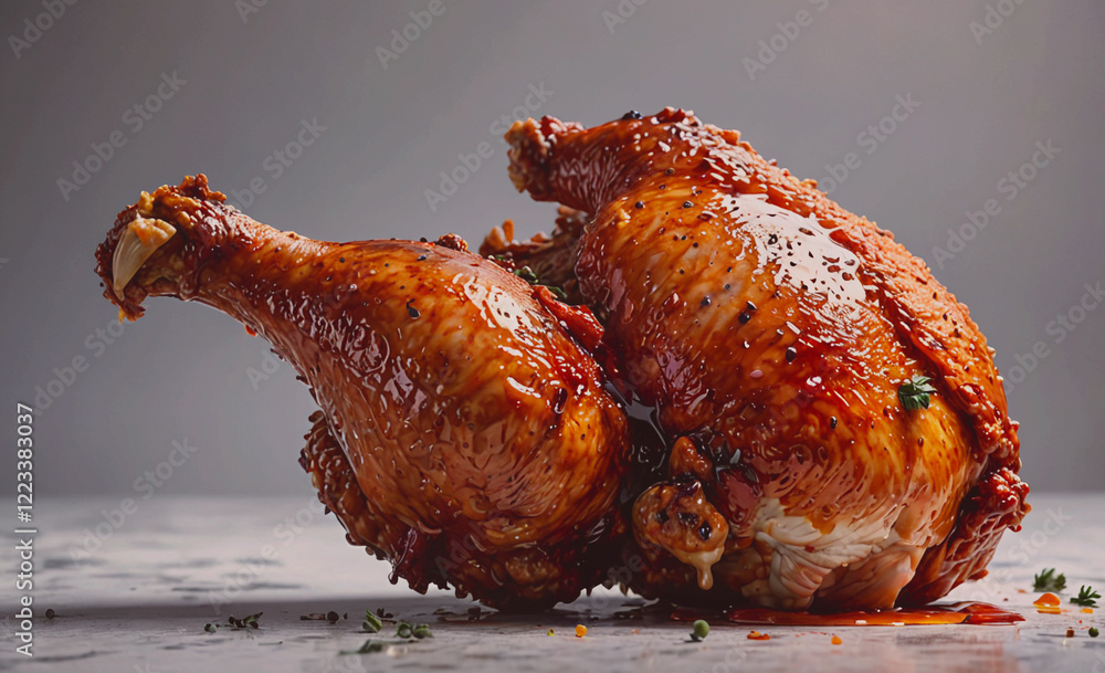 Poster a piece of chicken is sitting on a table with gravy dripping from it. the chicken is cooked and has 