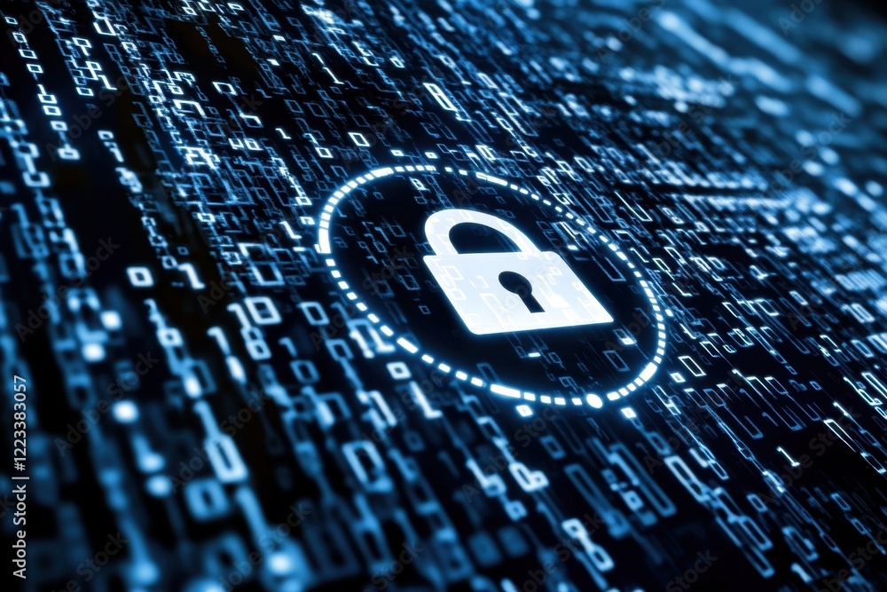 Poster a digital shield with an icon of a lock, surrounded by binary code, representing data protection and