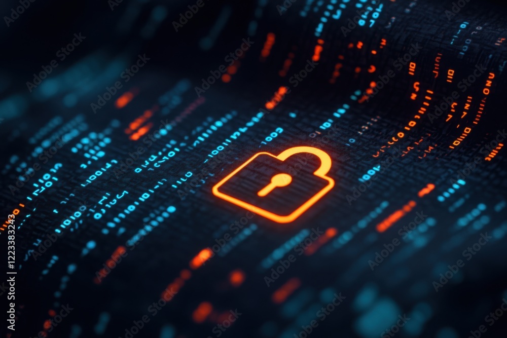 Poster digital shield with a padlock icon on a binary code background, a concept of digital security and da